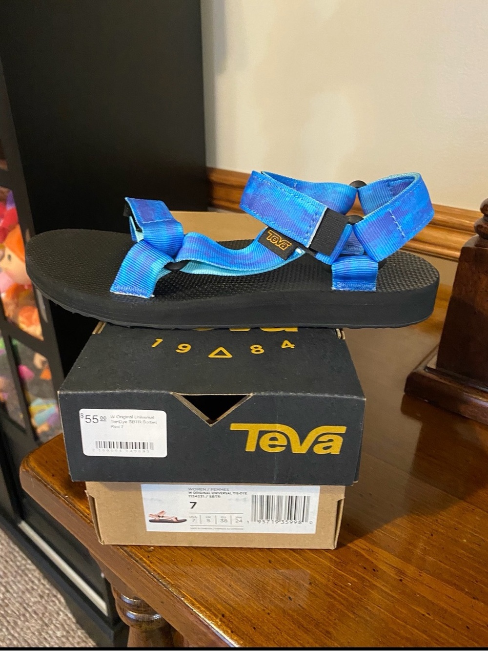 Teva Sandal with Blue Tie-Dye Straps and Black Sole
